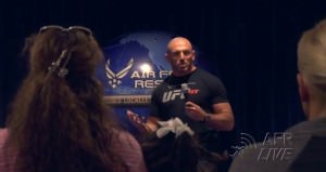 Mike Dolce speaks to troops and their families about health and wellness during his national tour of Air Force bases.