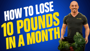 Mike Dolce holding fresh vegetables in front of a bold blue background with the text "How to Lose 10 Pounds in a Month"